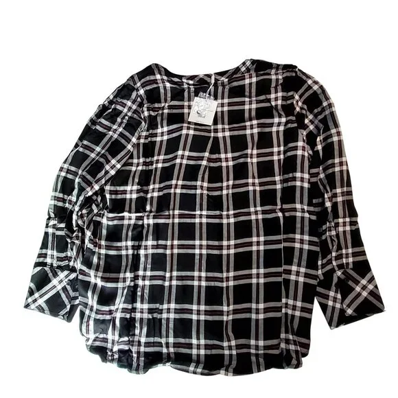 Zac & Rachel Womens Size 2X Black/White Plaid V-Neck Tie-Front Blouse 100% Rayon - Picture 2 of 12